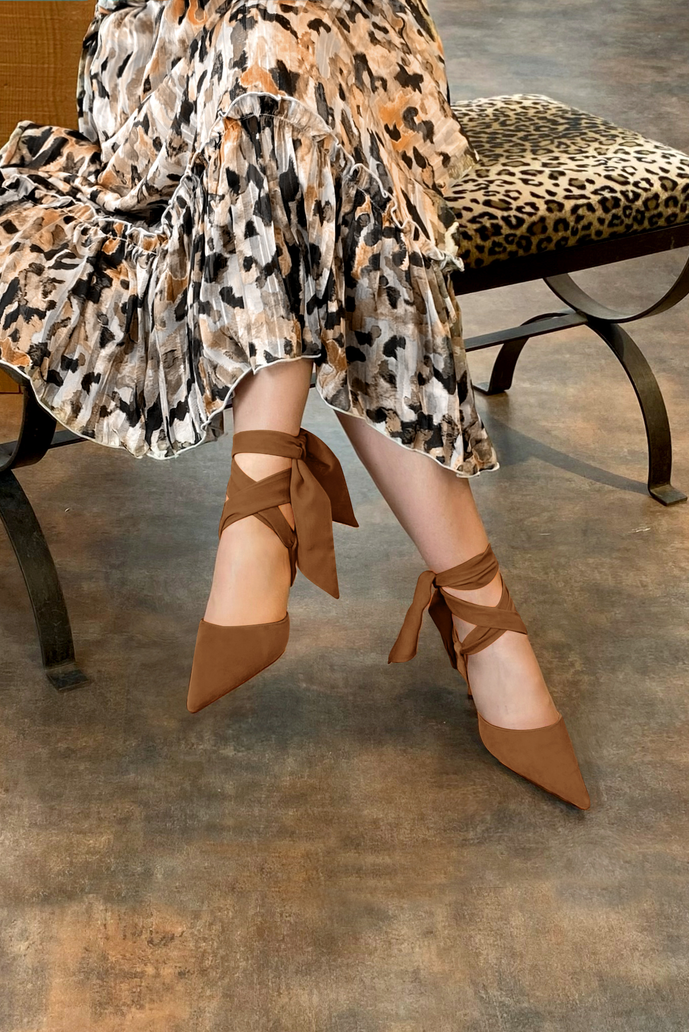 Caramel brown women's open back shoes, with an ankle scarf. Pointed toe. High slim heel. Worn view - Florence KOOIJMAN